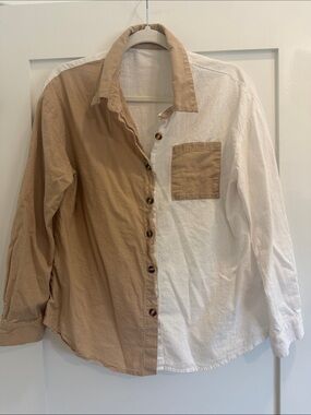 Emery Rose Colorblock Button-Down Shirt Tan & White Cotton Utility Top M